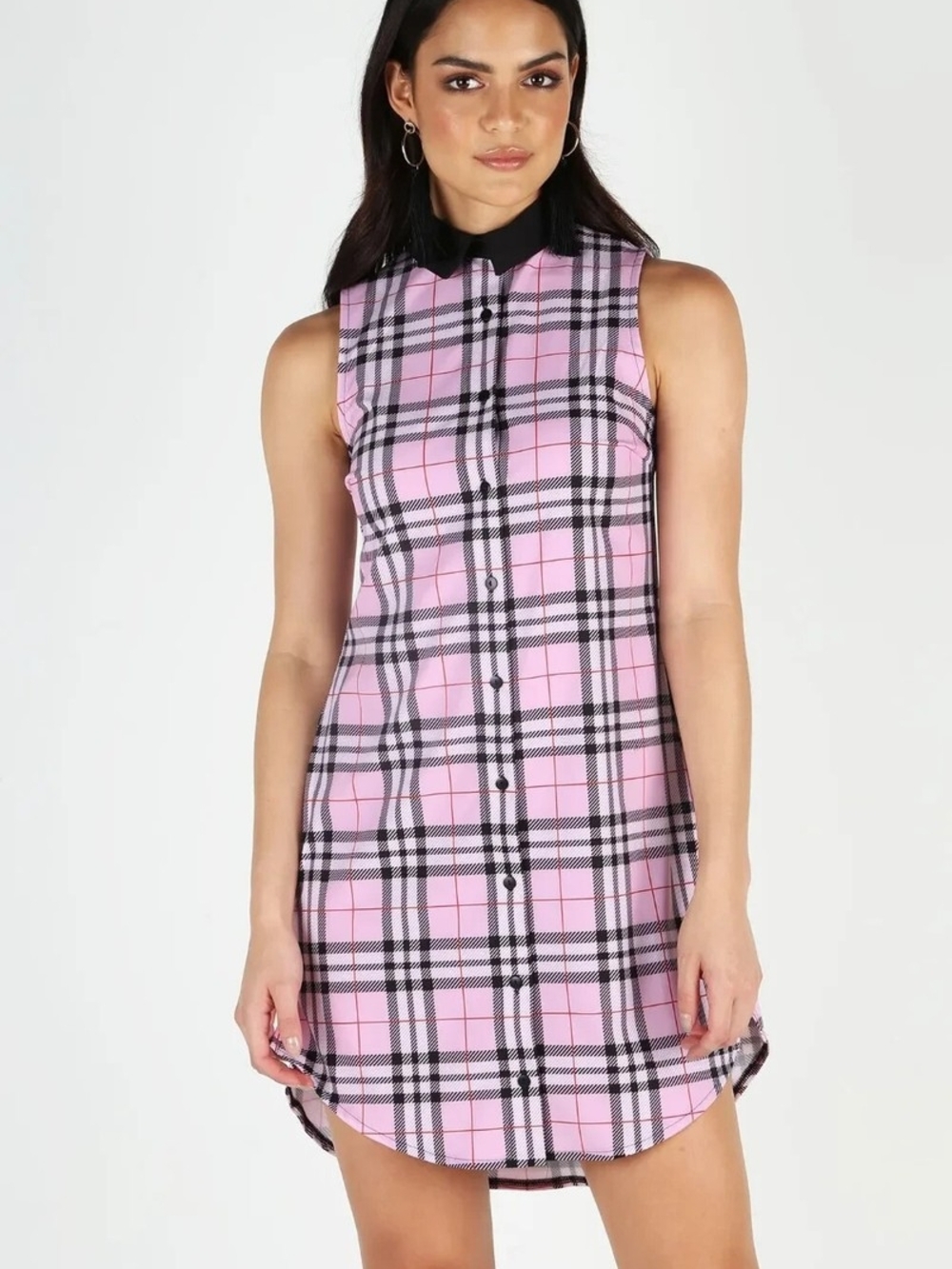 Blackmilk Pink Tartan Sleeveless Shirt Dress with Black Collar